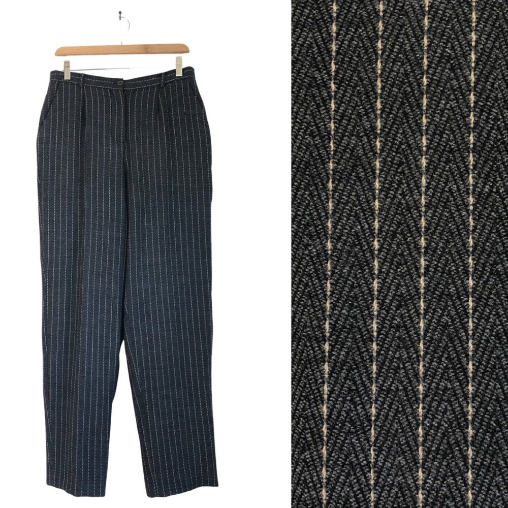 Vintage Wool High Waist Pants Gray tan Striped Lined Dressy Slacks Size 10 Med